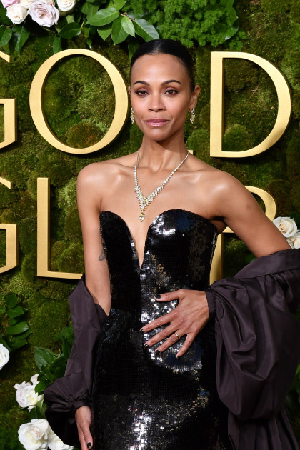 Zoe Saldana wore Saint Laurent to the 2025 Golden Globes & was dripping in diamonds